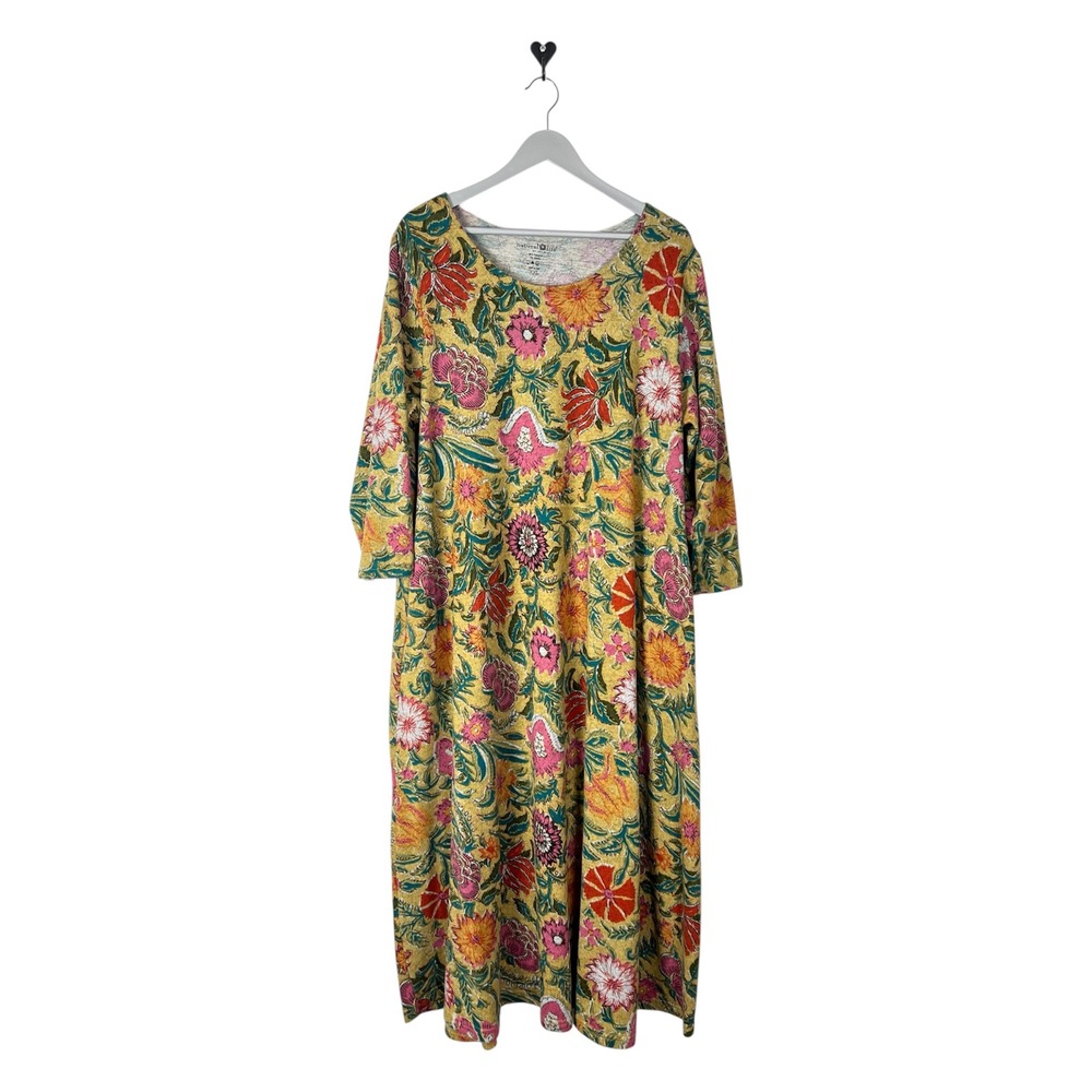 Natural Life Floral Knit Midi Dress XXL Mustard Yellow Pink Long Sleeve Pockets